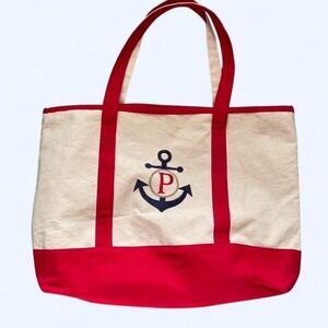 Red and cream P initial anchor embroidered tote bag by Nantucket